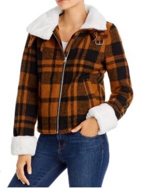 Aqua Plaid Bomber Jacket with White Sherpa Collar - Brown/Black